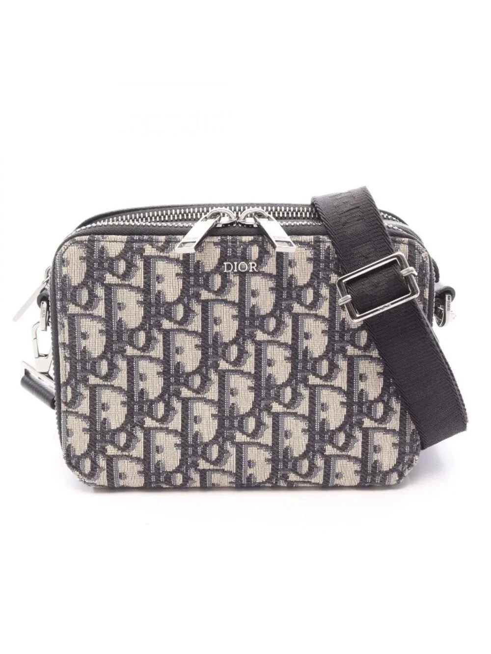Dior Shoulder Bag Strap Zip Pouch Oblique Ivory Navy Black Canvas Leather